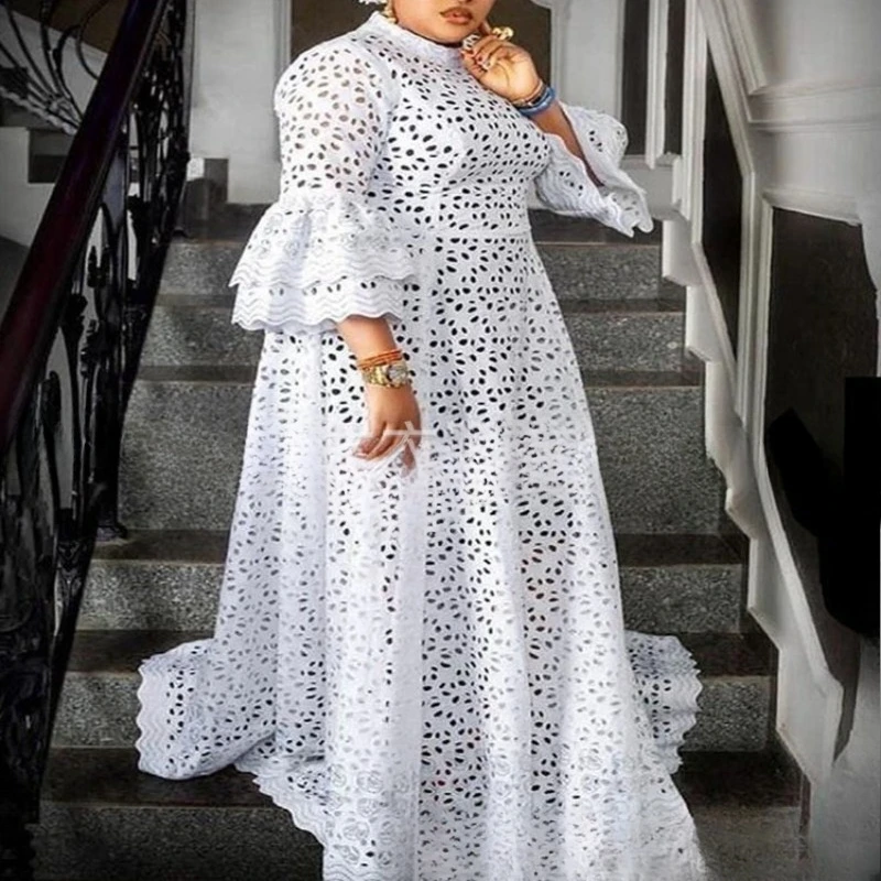 

European and American Cross-border Special for Temperament Commuting Mid-waist Horn Sleeves Lace Big Pendulum Lace Dress