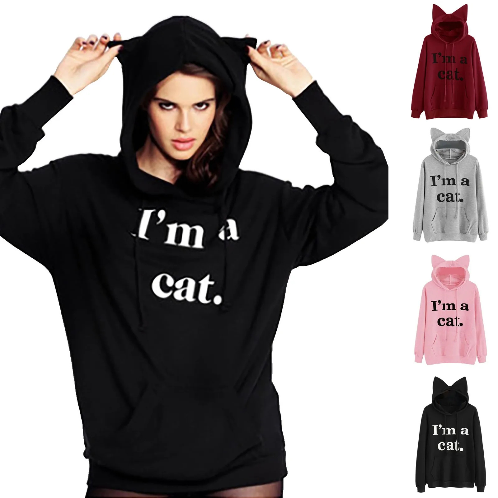 

I AM A CAT Printed Cat Ear Hoodies Women Hooded Sweatshirt Jumper Hoody Hoodies Tracksuit Outerwear Fashion Coat Women Tops