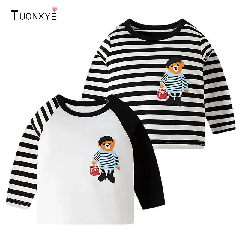 TUONXYE Herbst Jungen Langarm T-shirts Cartoon Nette Streifen Bär Baumwolle Atmungsaktive Soft Stricken kinder Kleidung 2-8years