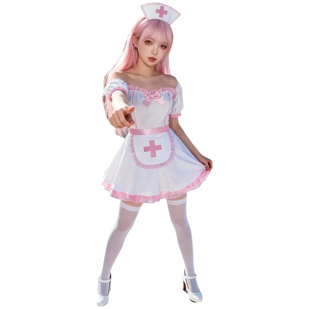 

Милый, сексуальный, очаровательный костюм медсестры-принцессы в стиле Лолита, наряд горничной, розовое платье, комплект для женщин, аниме, ролевые игры, юбка из полиэстера