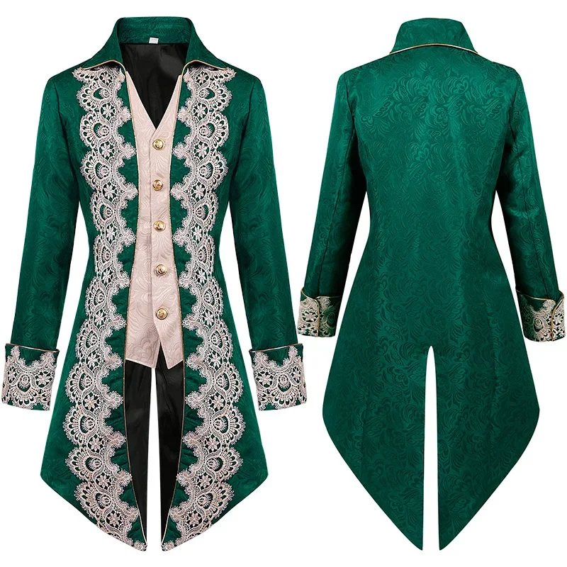 Mens Green Embroidery Steampunk Vintage Tailcoat Jacket Gothic Victorian Frock Coat Uniform Renaissance Pirate Halloween Costume