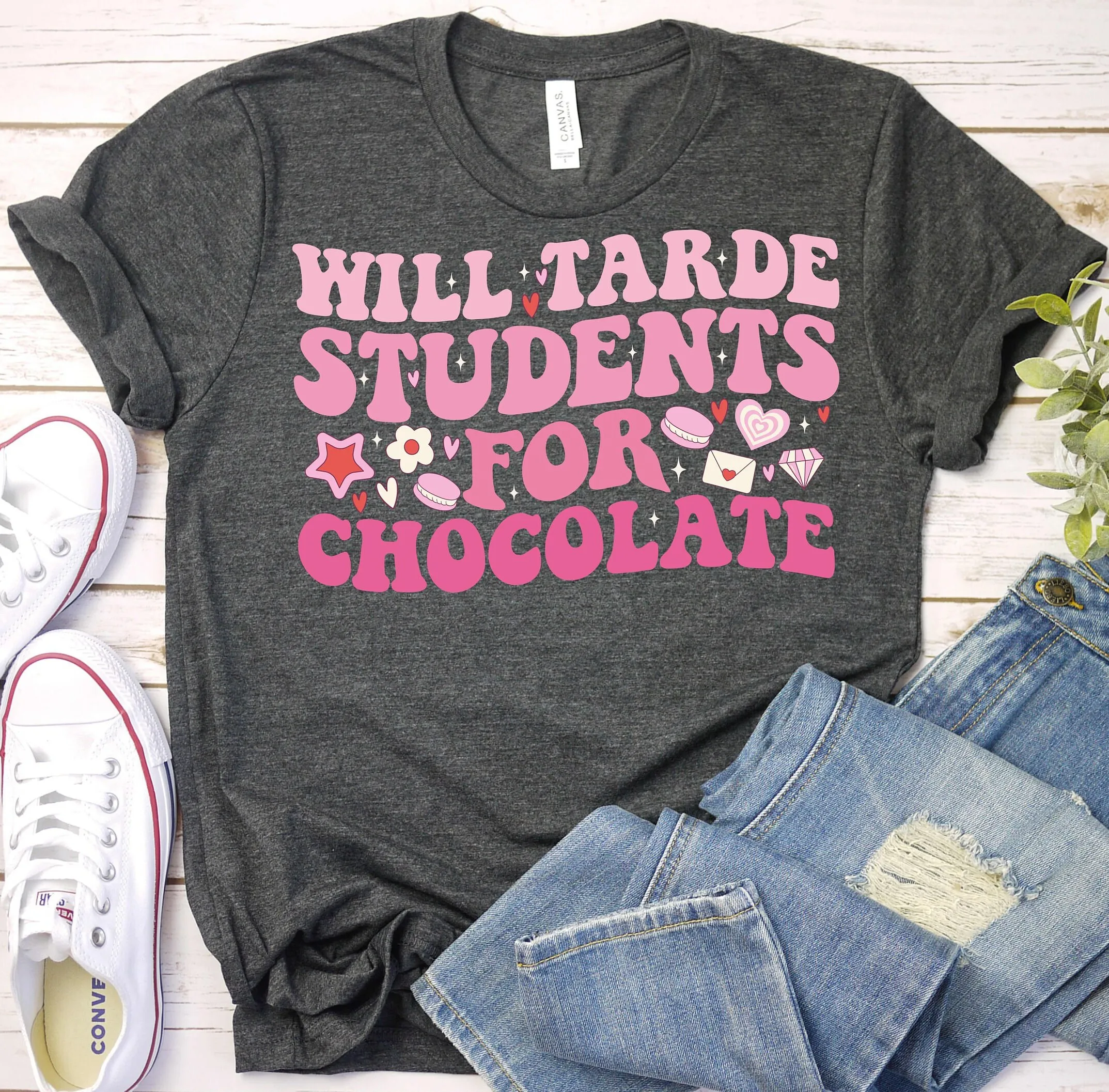 Will Trade Students For Chocolate Teacher Valentine T Shirt Retro Valentine'S Day Kindergarten Valentines Heart