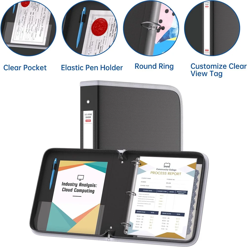 Fireproof Waterproof 3-Ring Binder Fireproof Round Binder with Zipper for Pens and 8.5*11-Inch 375-Sheet Paper (No Inserts) view 3