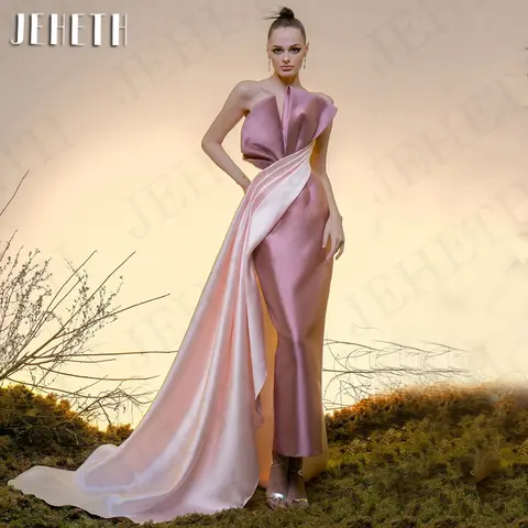 JEHETH Elegant Evening Dresses for Woman Party Mermaid Formal Satin Strapless Prom Dress Sleeveless Pink فساتين سهرة Customized