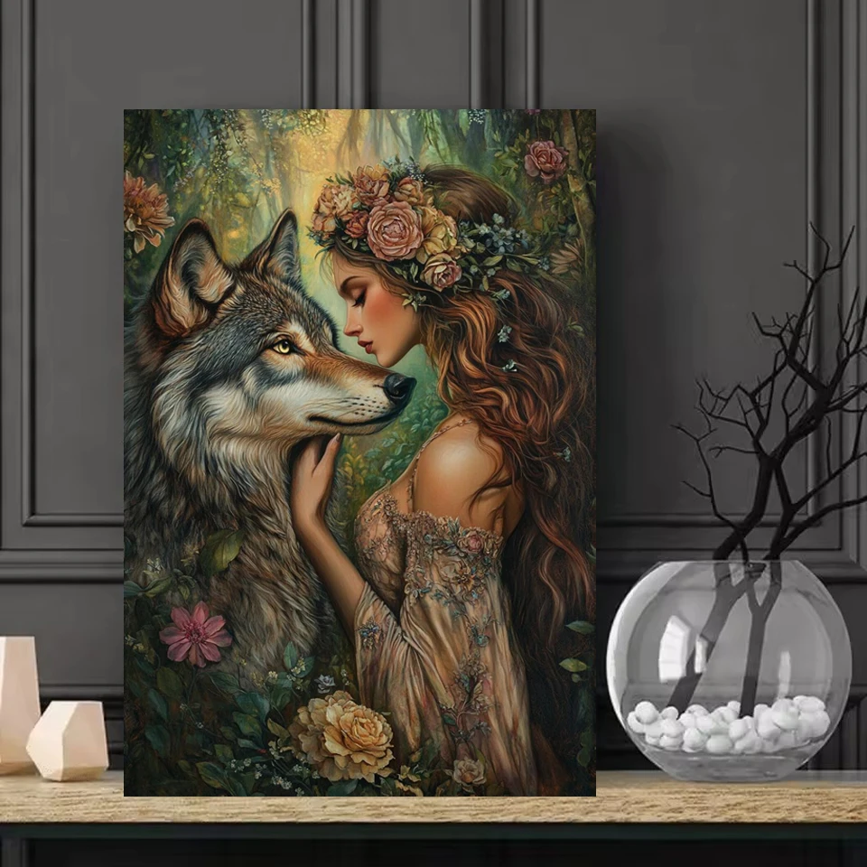 5D DIY Diamond Painting Girl and Wolf Forest Flower Wreath Full Drill Witch Diamond Embroidery Art Kit Home Wall Decor Gift