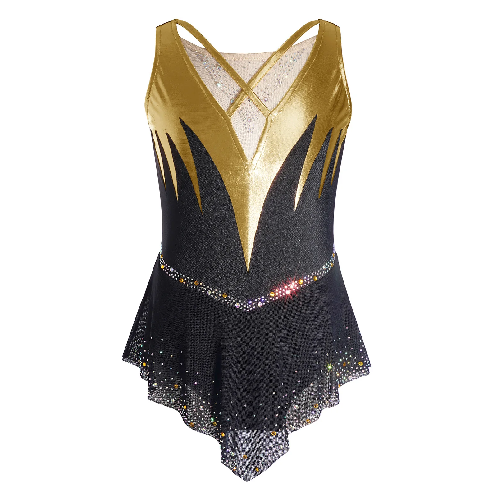 Kids Girls Figure Skating Leotard Dress Metallic Shiny Rhinestone Mesh Dancewear Gymnastics Acrobatics Ballet Dance Bodysuit