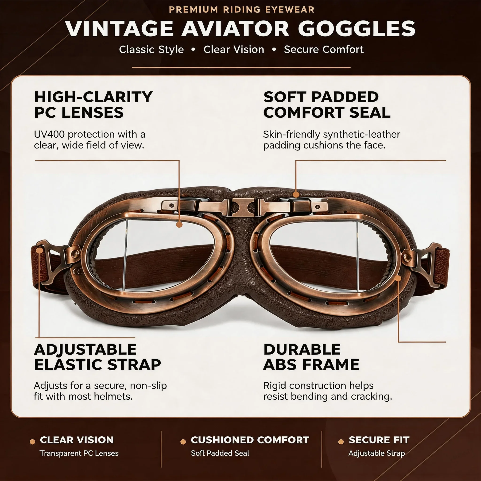 ATV Bike Motorcycle Goggles Glasses Retro Vintage Classic Dustproof Goggles for Men Women Harley Pilot Steampunk Copper Helmet