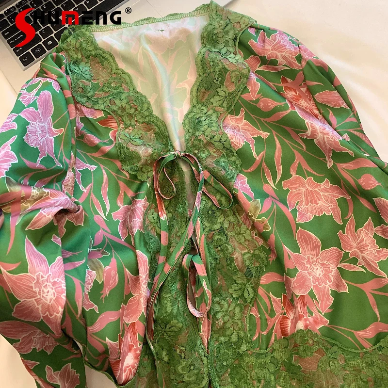 

Сексуальные кружевные пижамы из ледяного шелка для женщин, весенне-осенний новый комплект домашней одежды с длинными рукавами, женские милые костюмы для дома в японском стиле