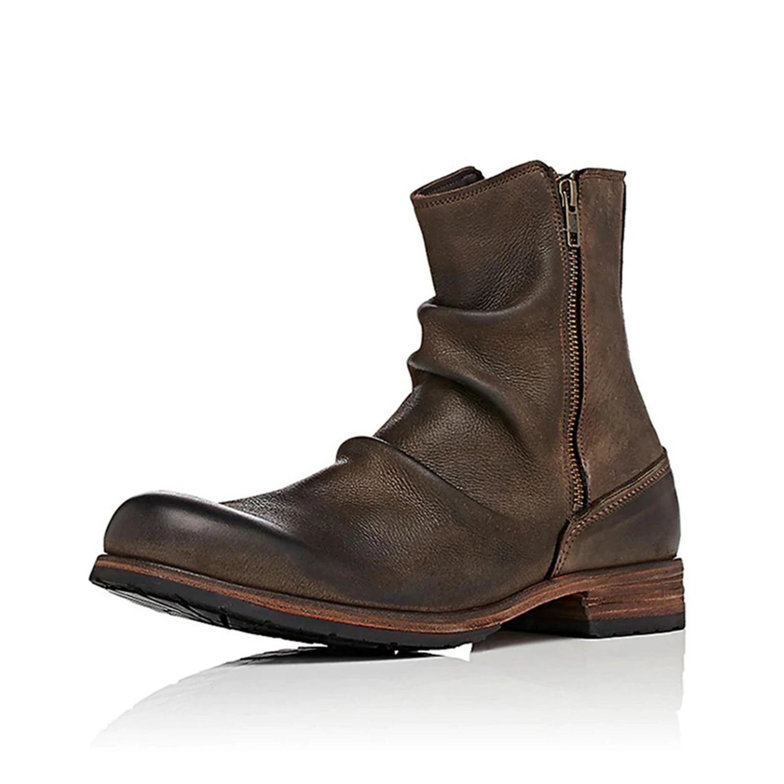 Botas de hombre con cremallera lateral, moda, punta redonda, retro, tacn grueso, botas casuales antideslizantes, zapatos de seguridad para el trabajo impermeables occidentales