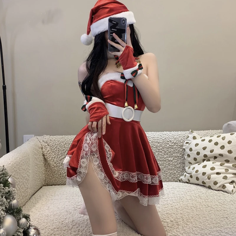 Frauen Weihnachten Kleid Sexy Santa Claus Cosplay Kostüme Damen Abend Party Kleidung Herbst Winter Kleider Hut Gürtel Handschuhe Set