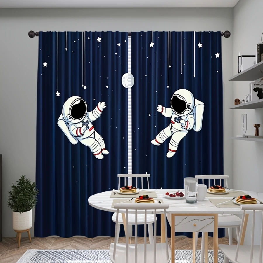2PCS Digital Printed Curtains, Space Explorer Astronaut Starry Sky, Four Season Polyester for Kitchen Laundry Bedroom Study