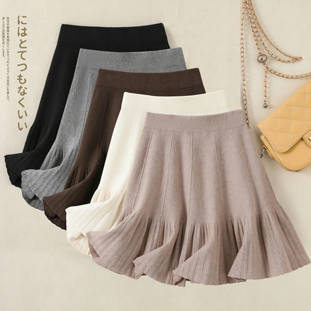 

Осень-зима вязаная плиссированная юбка женская сексуальная эластичная высокая талия рабочая вечеринка короткая мини-юбка однотонная серая черная