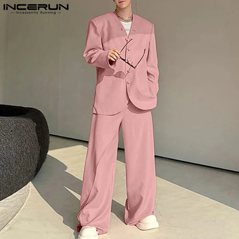 INCEURN Men Solid Color Two-piece Suits 2024 Korean Fashion Long Sleeve Tops Sets Loose Simple Commuting Outfits Handsome Suits