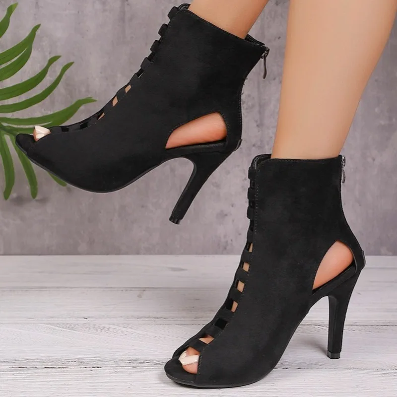 Spring and Autumn Women's Solid Color Fish Mouth Open Toe Thin High Heel Ankle Boots Women Back Zipper Breathable Ankle Boot