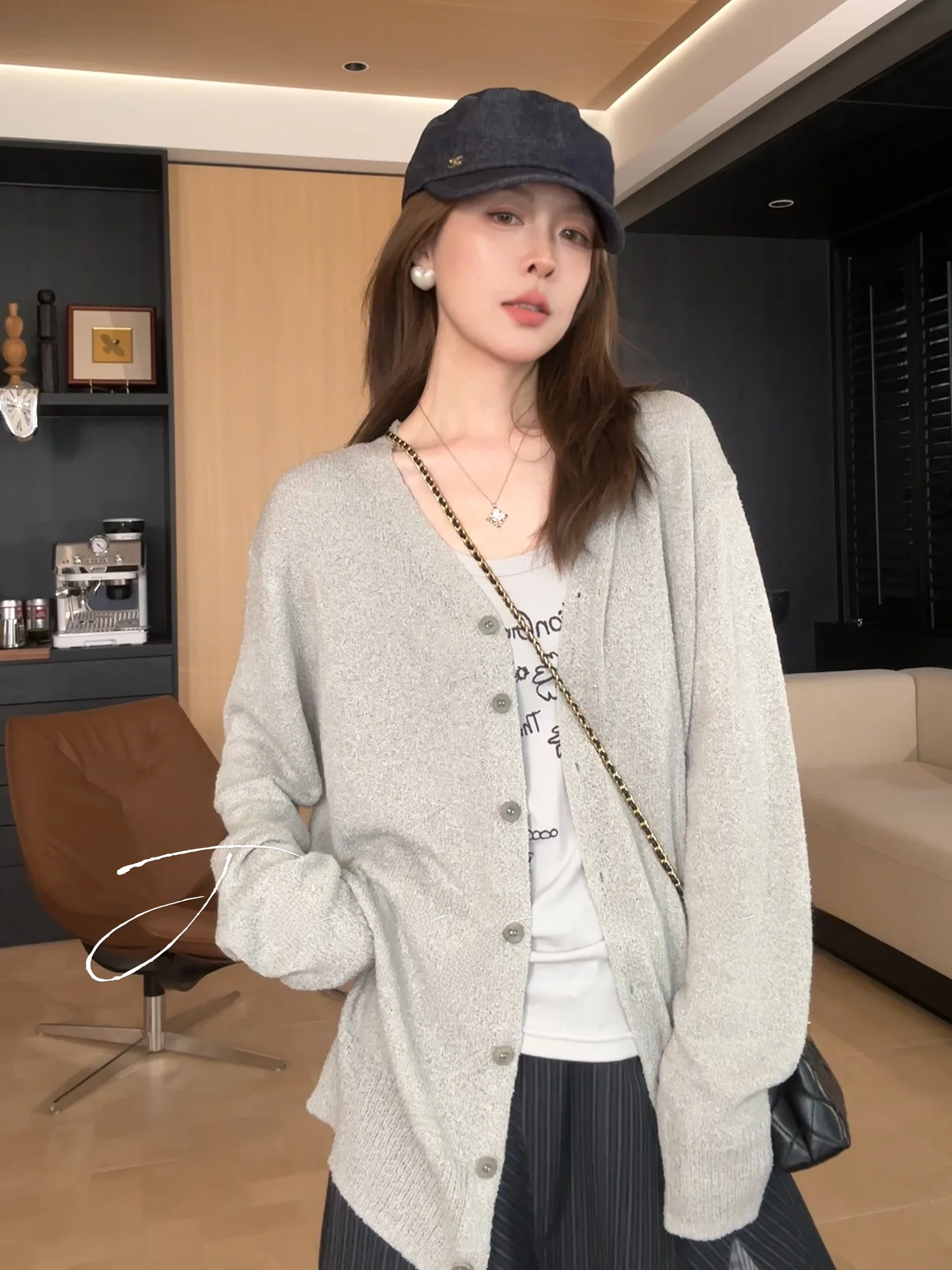 

Jaajaaa Casual Style Knitted Air Conditioning Shirt Lightweight Soft Skin-friendly Versatile Comfortable Nylon Blend Long Sle...