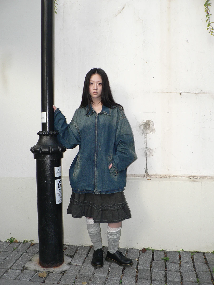 

Angproject Vintage Distred Casual Collar Zip Denim Jaet for Women Loose Fit ort Coat Sle Casual Windbreaker