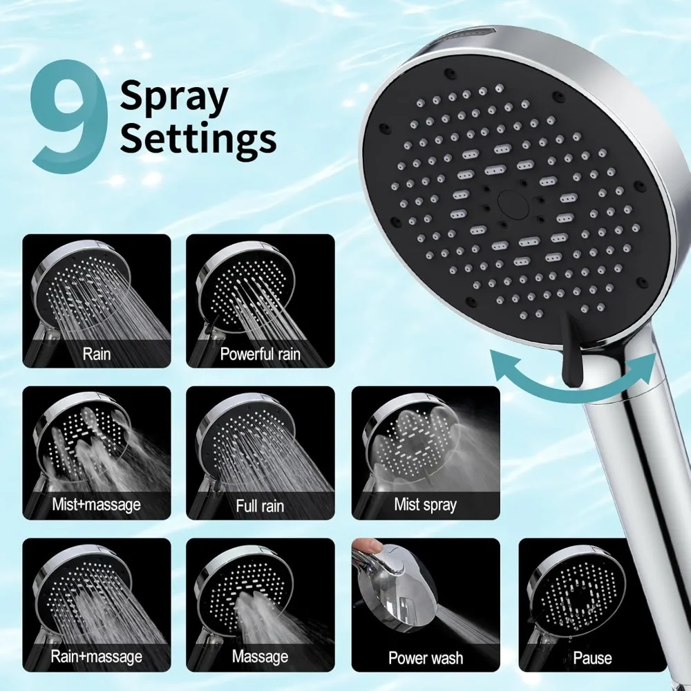 NSF-Certified Filtered Shower Head with Handheld for Hard Water, High Pressure 9-Spray (with Power Wash) Anti-Clog Nozzles, Chrome Silver