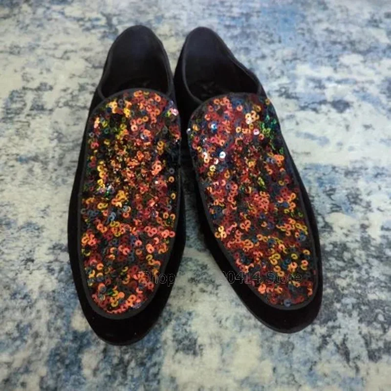 

Colorful Sequins Decor Black Flock Men Loafers Fashion Slip On Men Shoes Luxurious Handmade Party Feast Banquet Men Casual Shoes