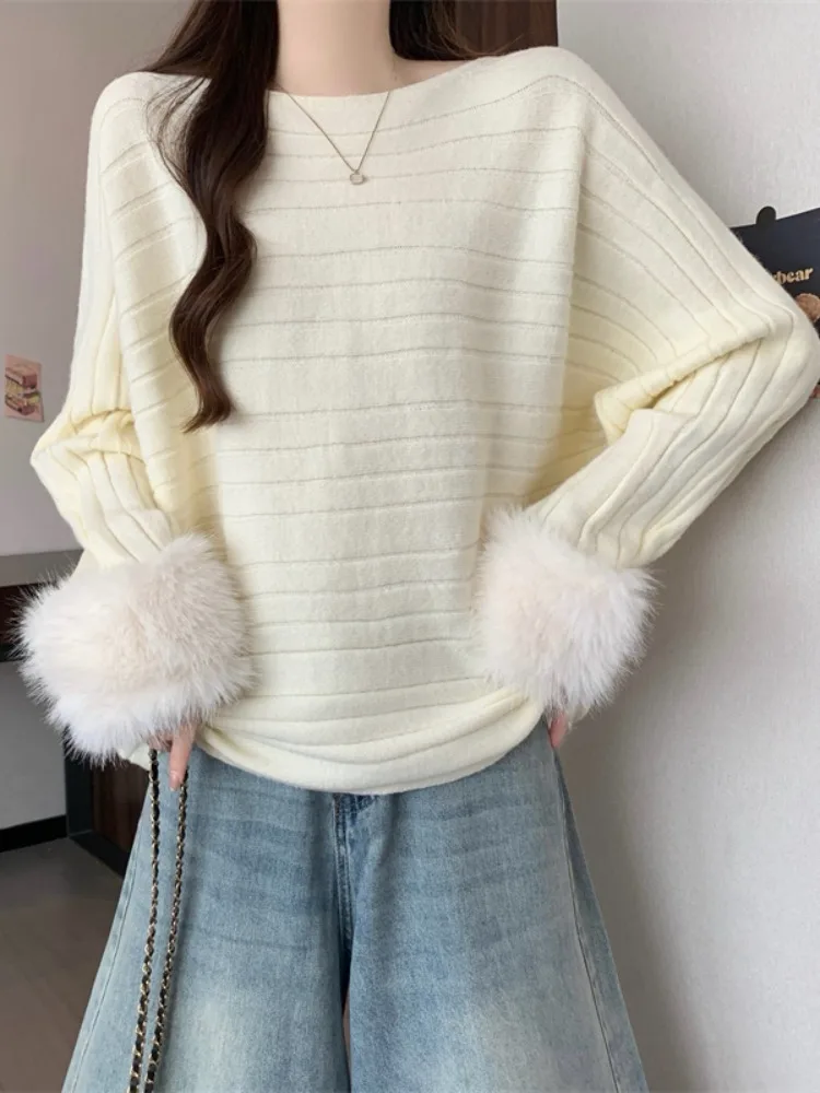 

Gentle style hairy sleeve one shoulder sweater women's autumn and winter high-end loose beautiful knit pullover top