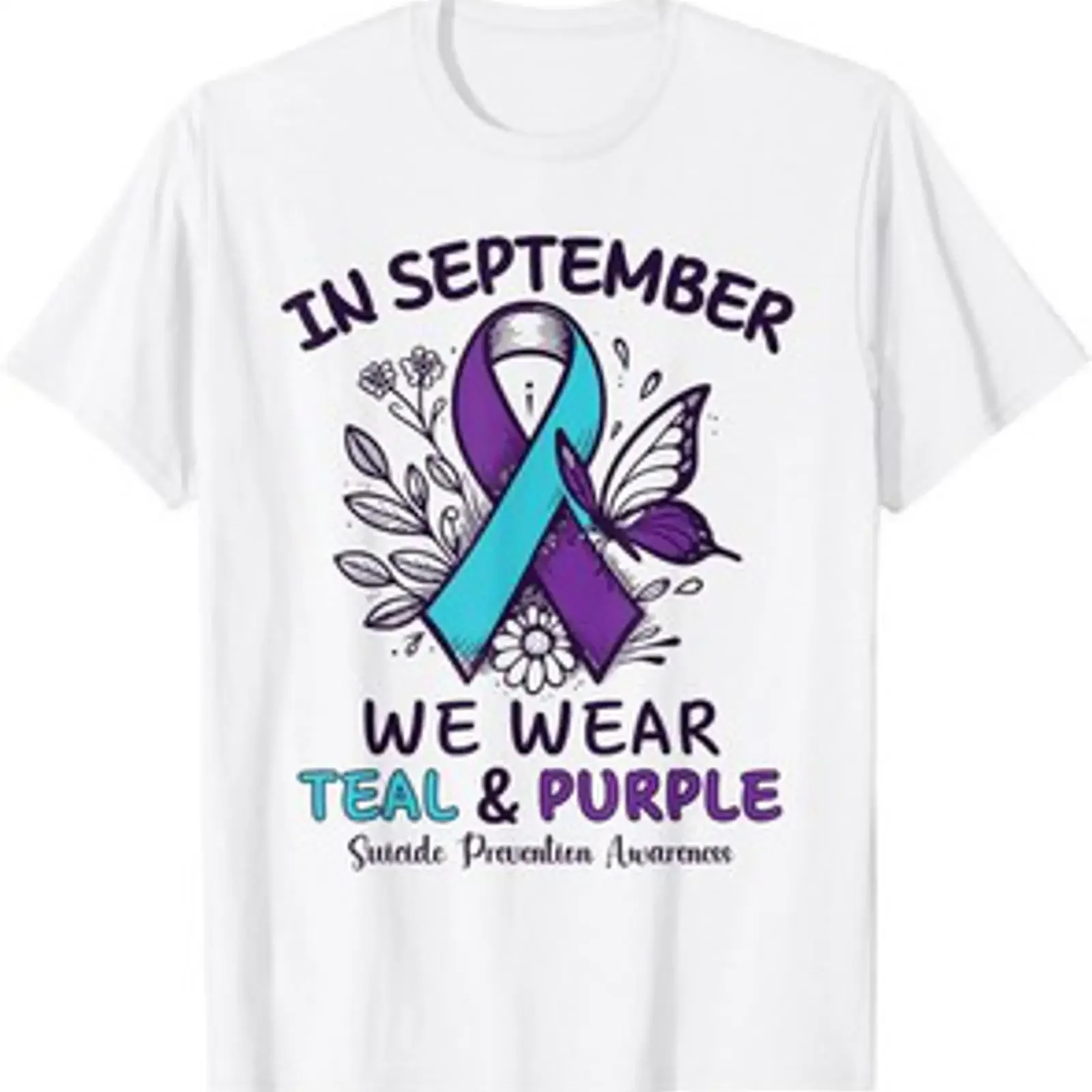 Camiseta unisex de moda vintage con gráfico lavado, color verde azulado y morado, para la prevención del suicidio, colección Septiembre.