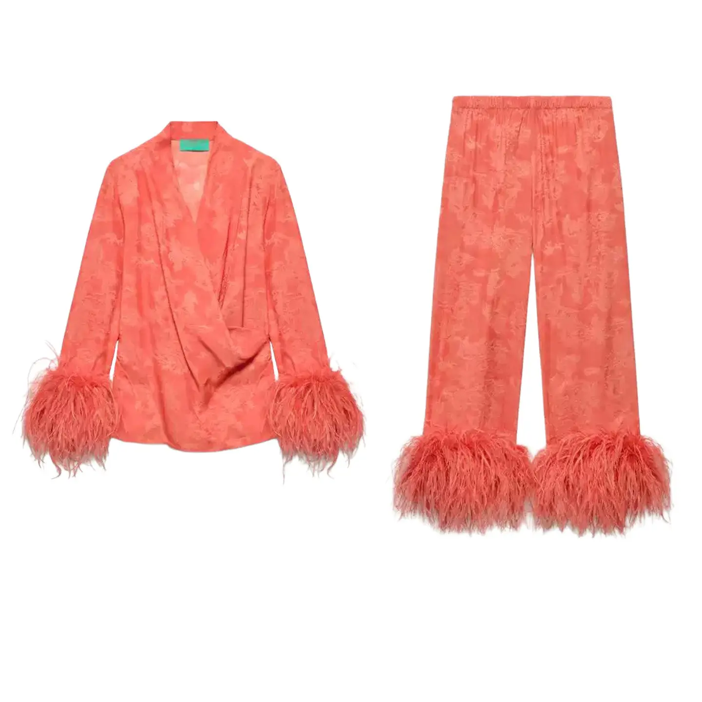 Casual Long Sleeve Shirt Jacket with Feather Splicing Cross Collar Women's Fashion Set Summer Collection Long Pants