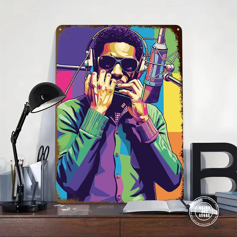 Stevie Wonder Harmonica Into Microphone Personalized 3D Textured Metal Poster Wall Art Tinplate Sign for Home Decor Living Room