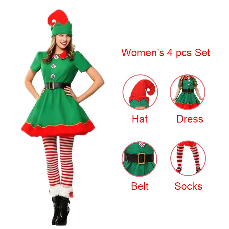 Men Women Girls Boys Christmas Santa Claus Costume Kids Adults Family Green Elf Cosplay Costumes Xmas Party Suit New Year Outfit