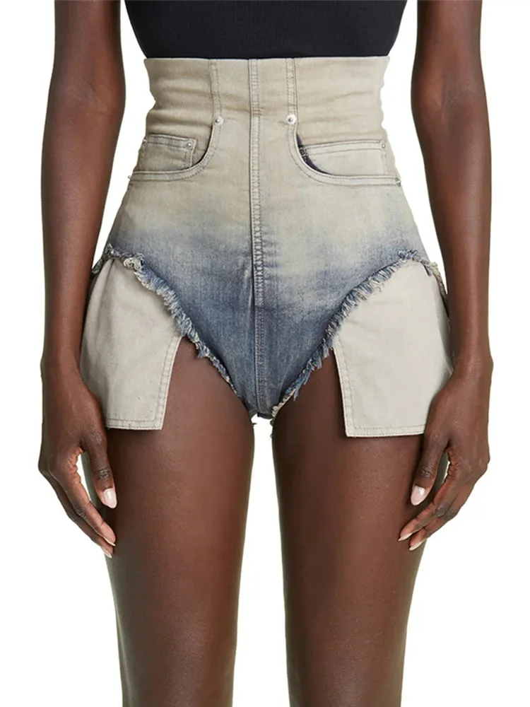 

Women High Waisted Fringles Ombre Denim Shorts Frayed Hem and Side Cut-outs Y2K Fashion Retro Diatressed Washed Jeans Short Pant