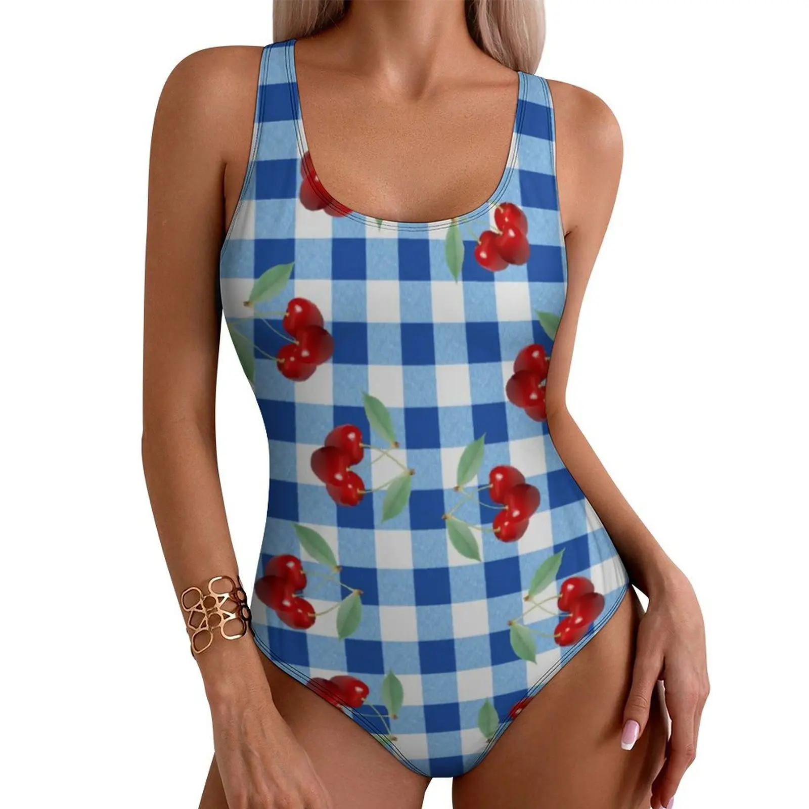 

Retro Cherry Swimsuit Blue Plaid Print One Piece Swimwear Push Up Stylish Bathing Suits Sexy Holiday Rave Custom Beachwear