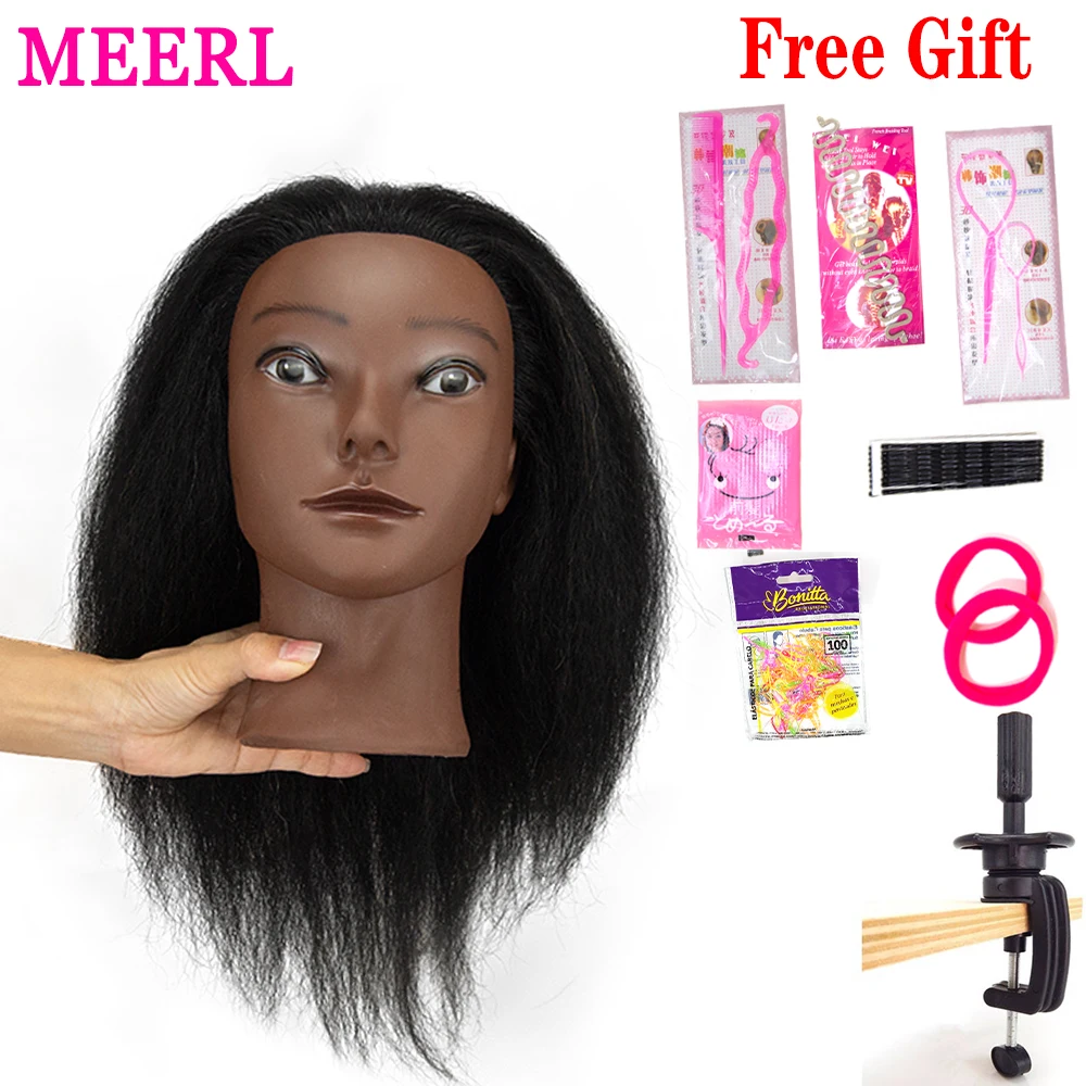 Afro Mannequin Head 100%Real Hair Styling Head Braid Hair Dolls Head For Practicing Cornrows And Braids With Table Clamp Stand