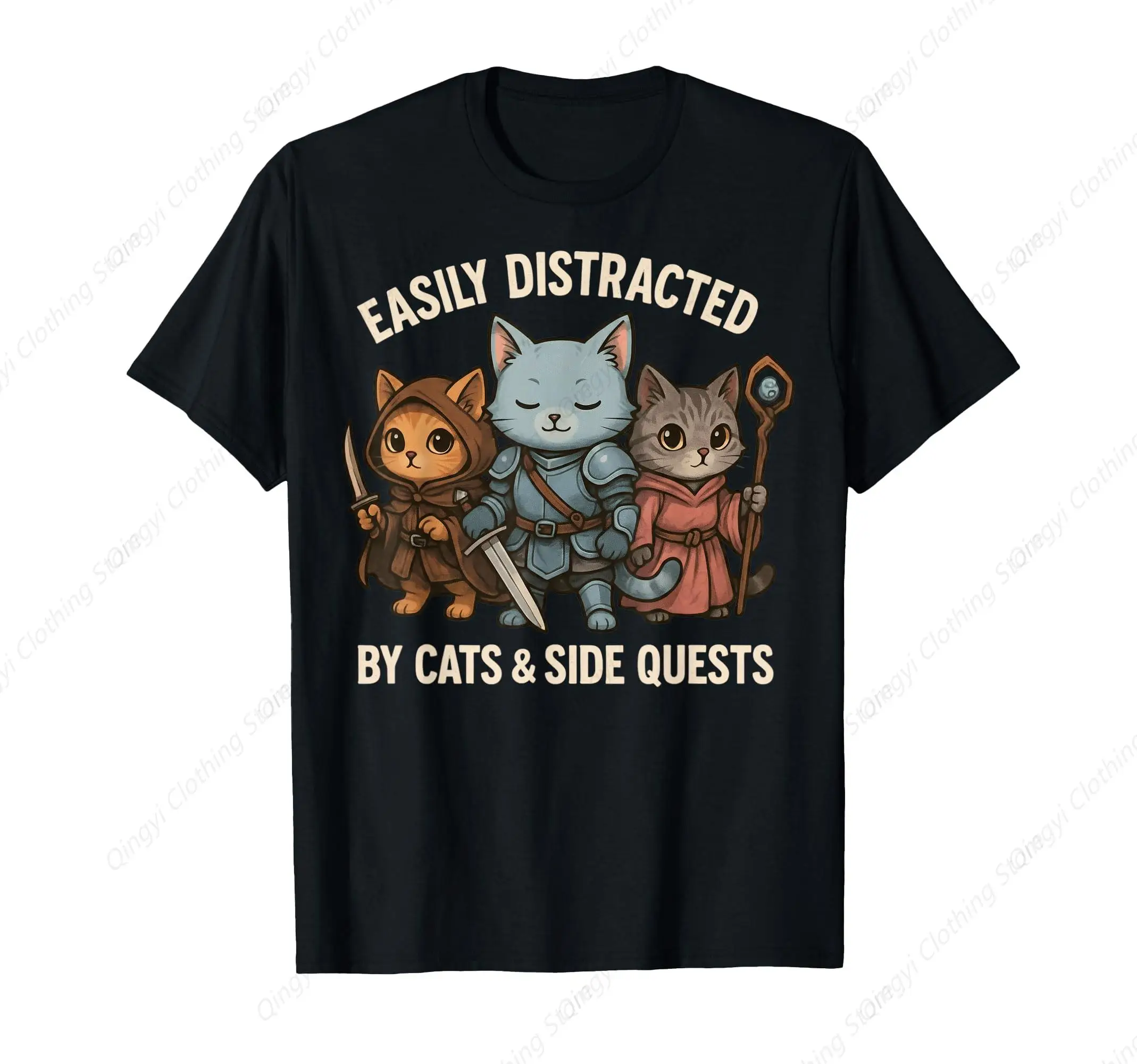 

Easily Distracted by Cats Side Quests Role-Playing Fantasy T-Shirt