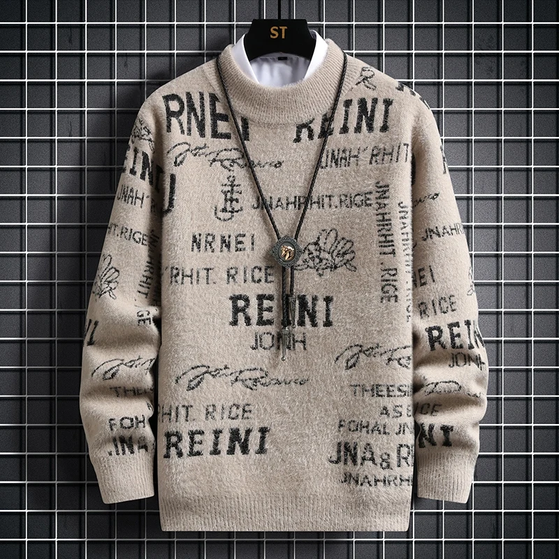 

Мужской вязаный свитер с высоким воротником из норкового бархата, осенне-зимний, повседневный, свободного кроя, модный базовый джемпер