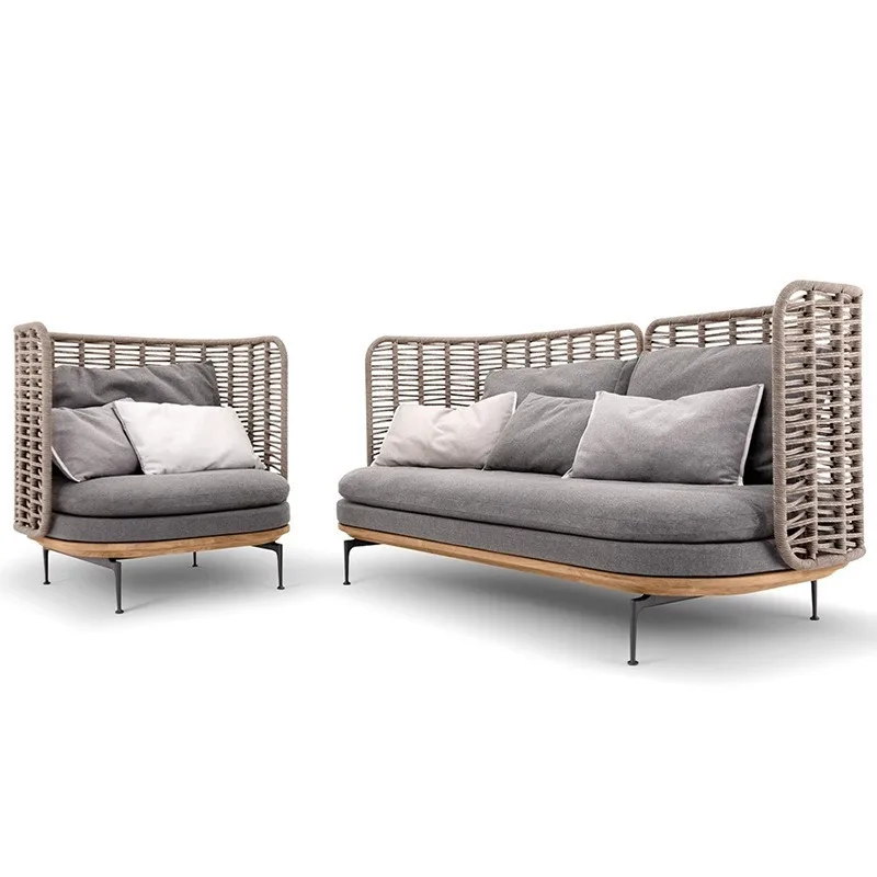 Outdoor garden sofa, teak rope courtyard villa outdoor sofa