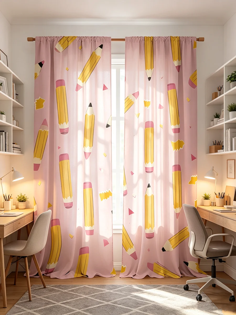 2PCS Digital Printed Curtains, Yellow Pencil Back to School Pattern, Kids Classroom Style for Study Room Bedroom Home Decor