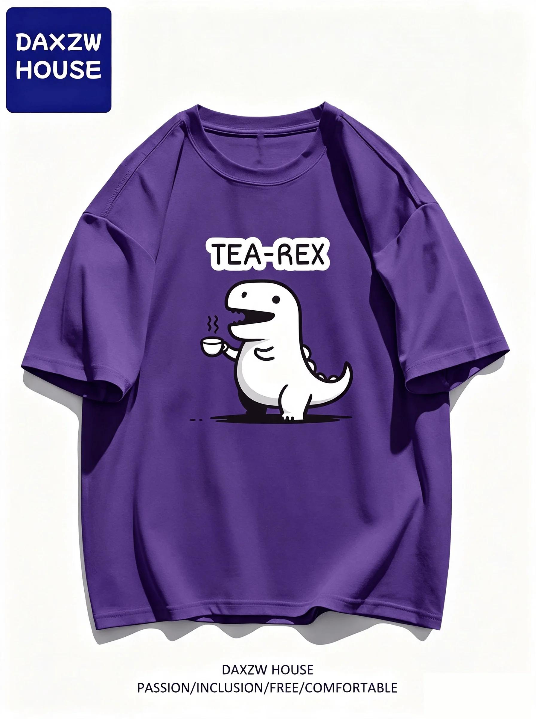 Men's Tea-Rex Dinosaur Printed Cotton T-Shirt, Soft & Breathable Round Neck Short Sleeve Tee, Unisex Fun & Quirky Style Fashion