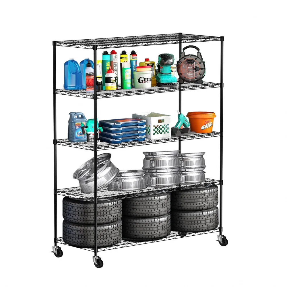 

Warehouse supermarket kitchen other 5-layer heavy-duty adjustable shelves with wheels adjustable feet frame bearing 300 pounds