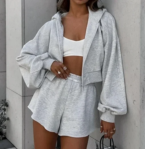 

Sexy New Fashion 2024 Autumn Winter Hooded Long Sleeved Sweatshirt Jacket High Waisted Loose Shorts Versatile Casual Sports Suit