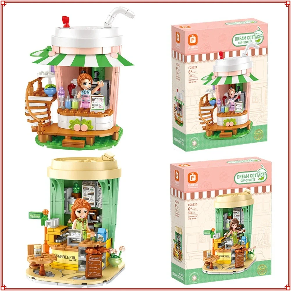 

Creative MilkTea Coffee Drinking Shop Block Construction Model Cafe Figures Building Bricks City Street View Toy Collection Gift