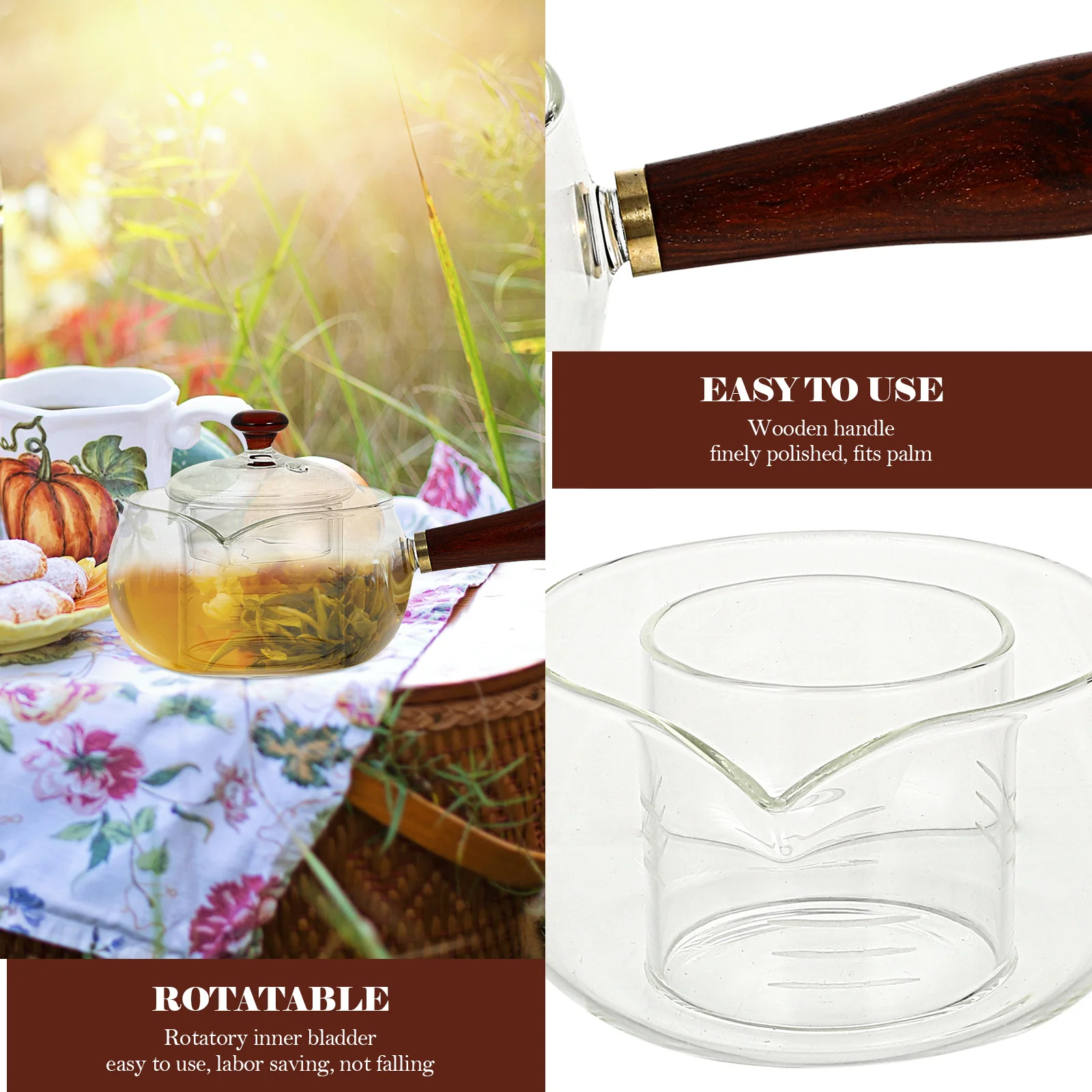 

Glass Teapot Rotatory Inner Infuser Wooden Handle Transparent Tea Steamer Heat Resistant Home Teapot Kitchen Supply