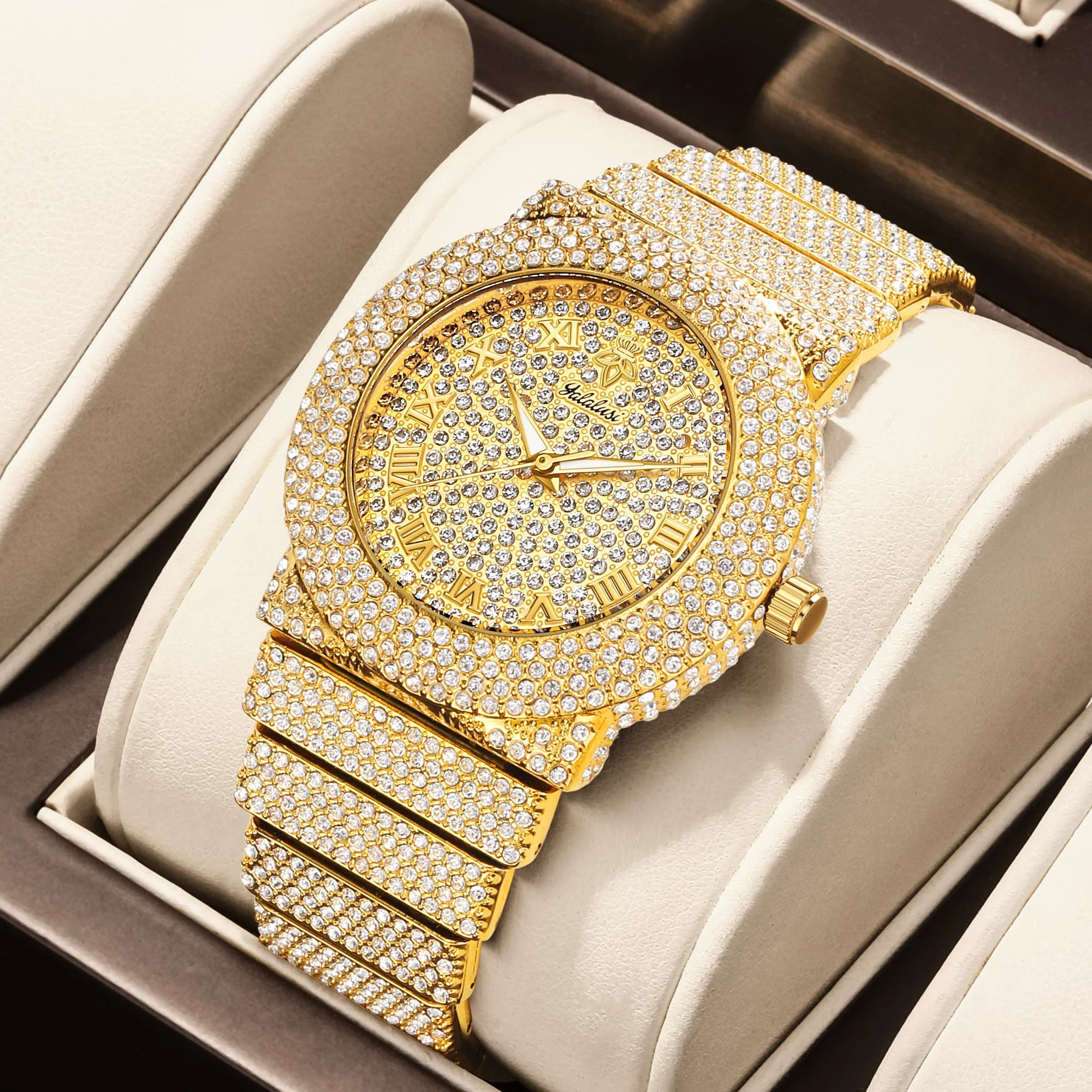 

YaLaLuSi Mens Full Rhinestone Inlaid Quartz Watch Retro Roman Numerals Brand Box Included Fit All Occasions Ideal Gift For Men