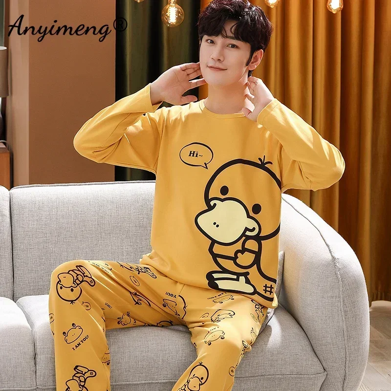 Conjunto de pijamas informales para hombre, ropa de dormir de algodón de manga larga con estampado de dibujos animados de oso Kawaii, talla grande, otoño