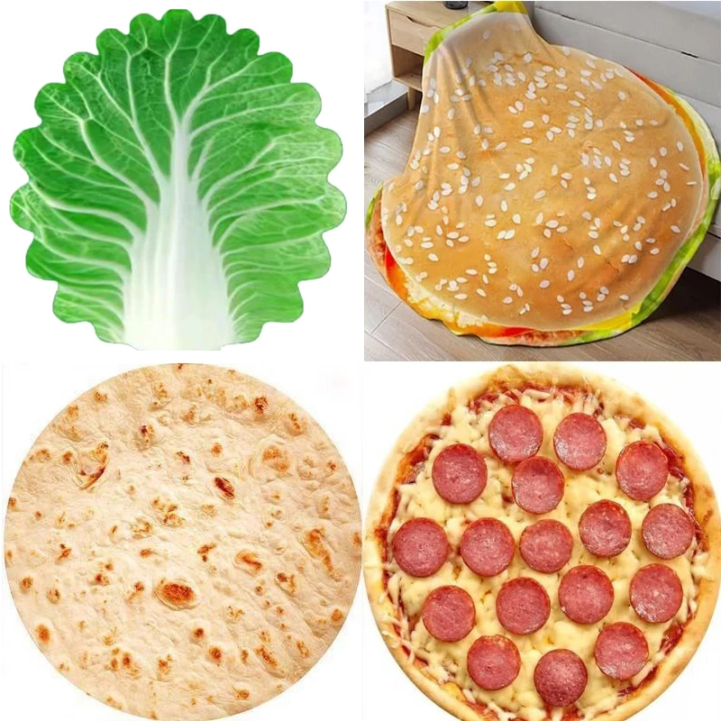 Funny Plush Air Conditioning Blanket Round Pizza Pattern Blanket Cabbage Leaf Nap Blanket For Office