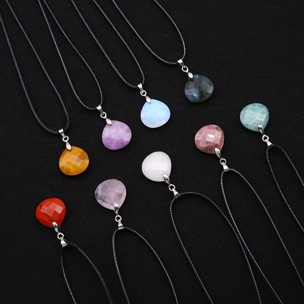 

10pcs/set 18 style Natural Stone Water Droplet Pendant Tiger Eye Stone Quartz Leather Rope Necklace Charm Jewelry Making Gift