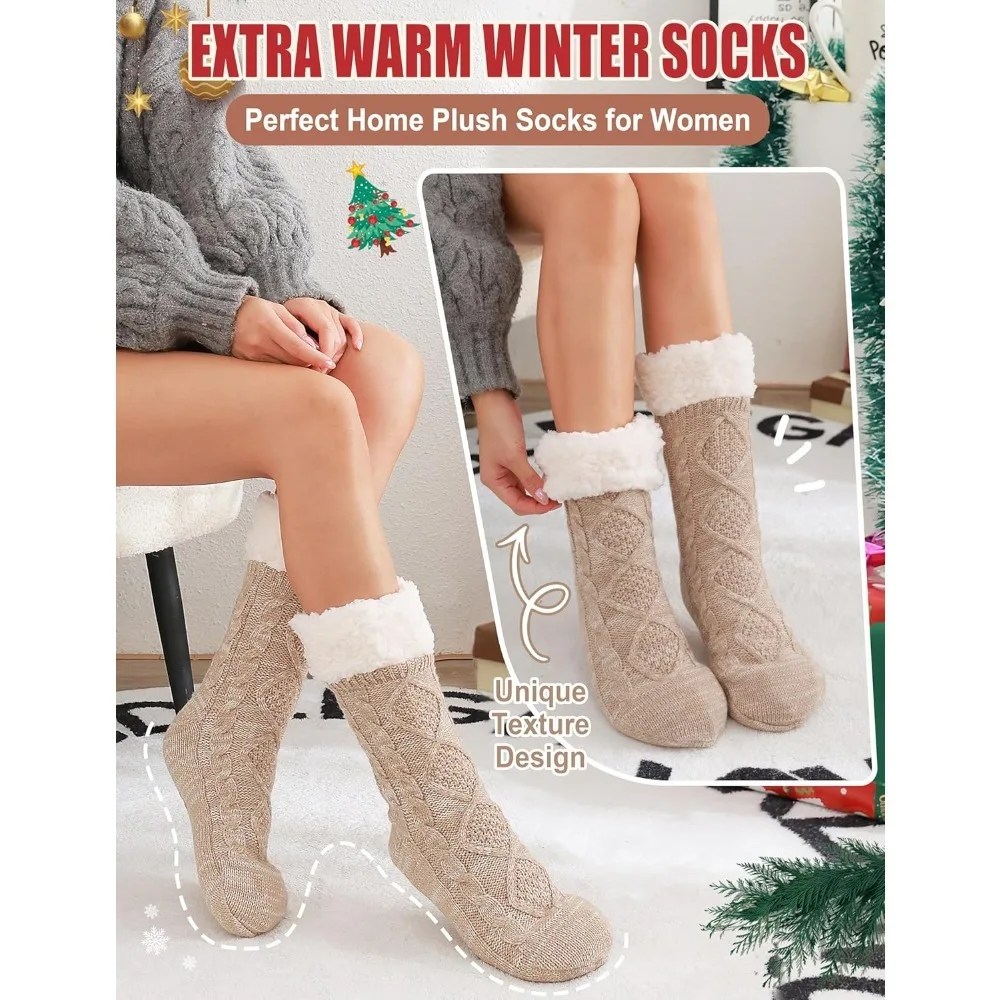 여성용 슬리퍼 퍼지 양말, 푹신하고 아늑한 겨울용 따뜻한 부드러운 플리스 편안한 두꺼운 양말, 미끄럼 방지 기능 포함