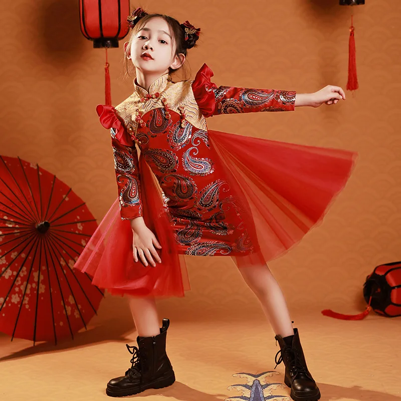 

Girls' national tide style cheongsam dress spring and autumn new children's guzheng spring performance catwalk dress Tang dress