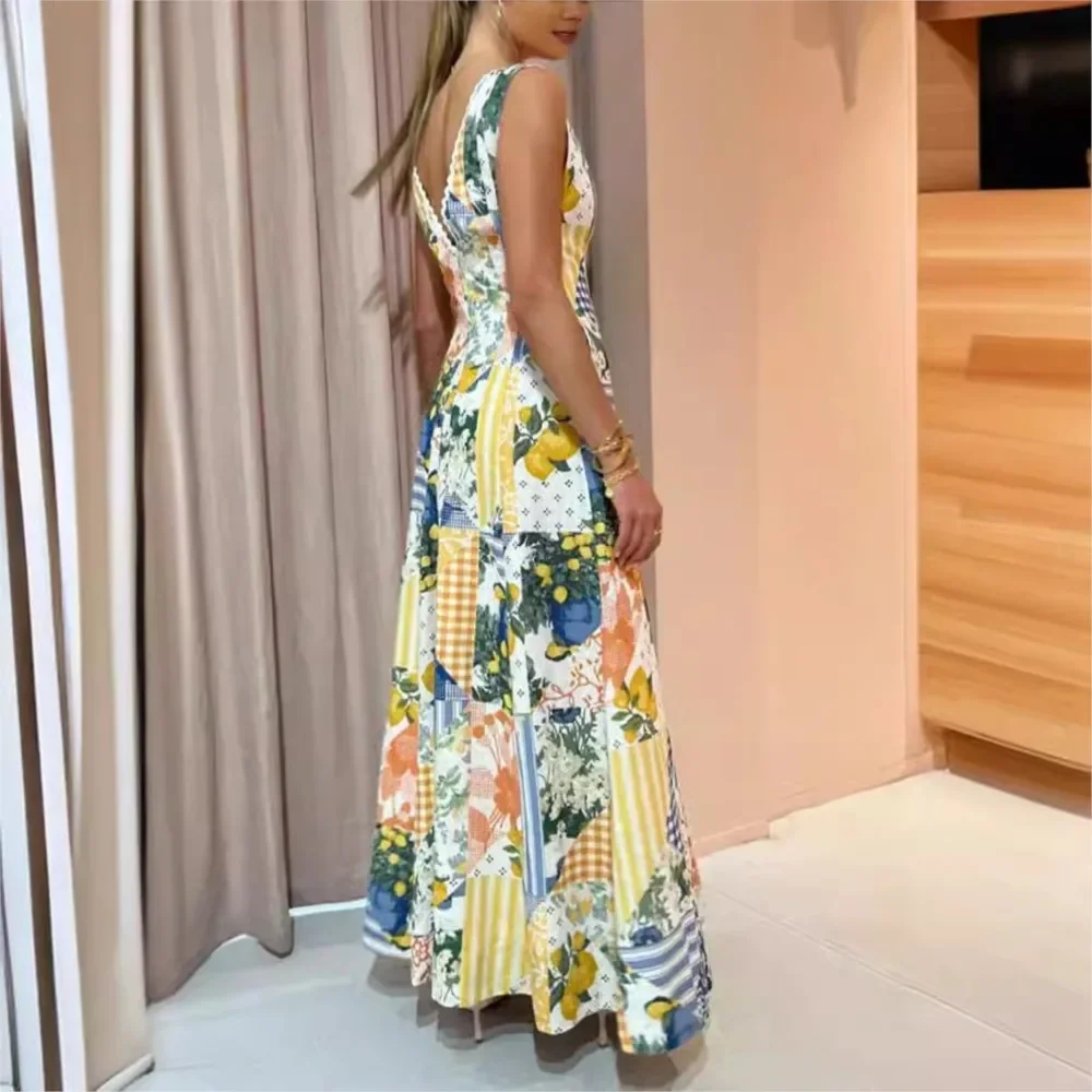 Cpsymym moda sexy profundo decote em v praia férias vestido de verão feminino impressão bolso sem mangas magro elegante feminino escritório dresse