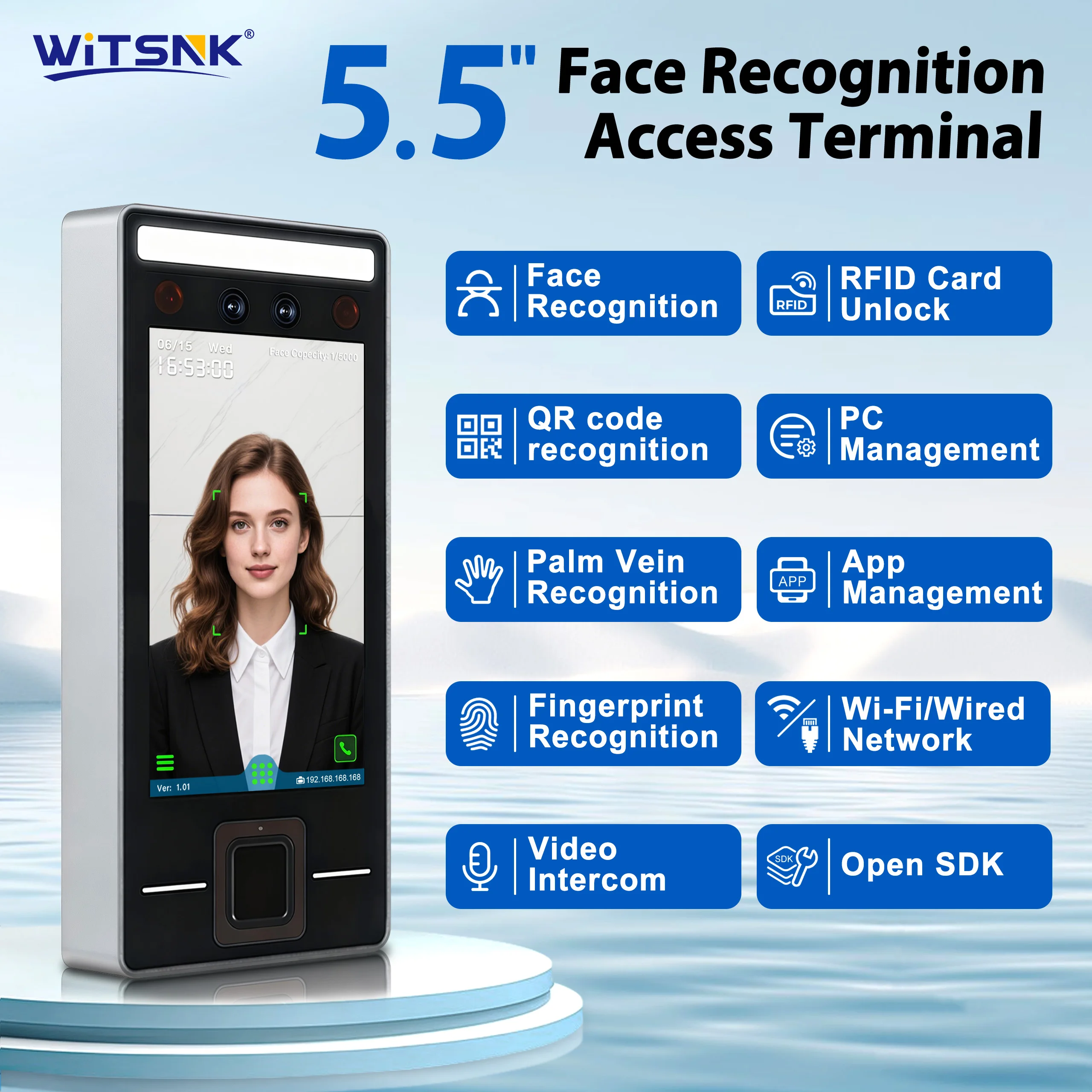 5.5 Inch Face Palm Fingerprint Recognition Access Control System, Biometric RFID Card Reader, Contactless Door Controller