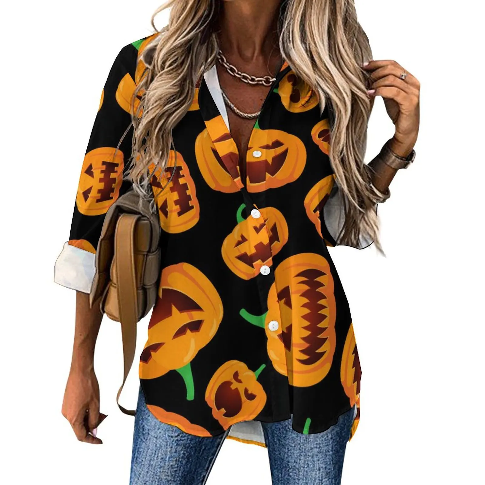 

Happy Haunts Casual Blouse Long Sleeve Funny Pumpkins Office Blouses Womens Street Fashion Oversized Shirts Graphic Tops Present