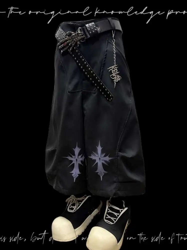 Man Women Gothic Punk Jeans Black Pleated Cropped Denim Pants Unisex Punk Rock Style American Summer Wide Leg Shorts