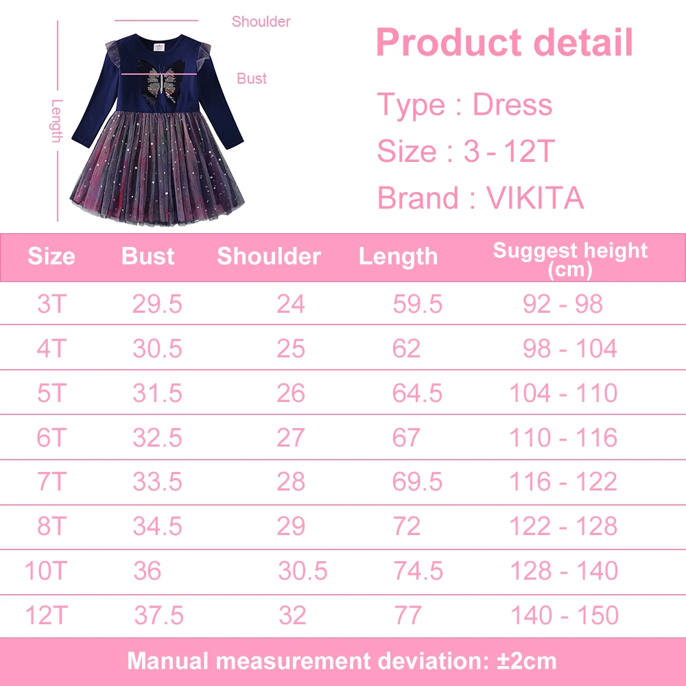 VIKITA Kids Butterfly Sequined Appliqued Dress Girls Long Sleeve Autumn Spring Vestidos Girls Mesh Tulle Party Princess Dresses